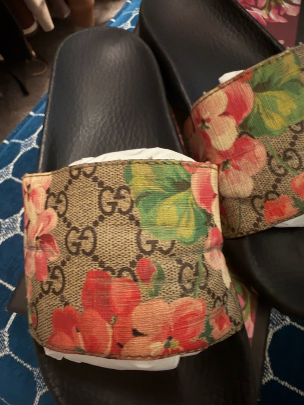 Gucci Brown GG Canvas Floral Slide Sandals with Black Footbed